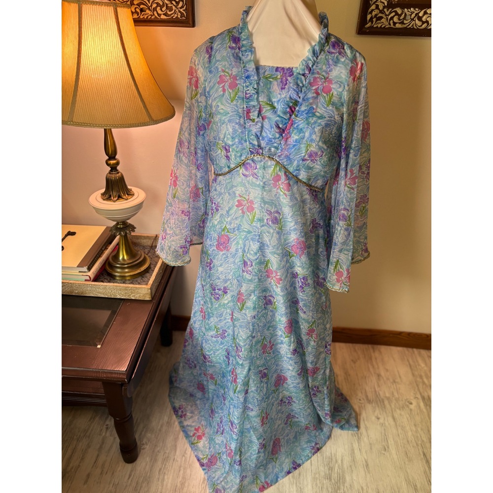 Vintage‎ 60s Mad Men flower Dress Set, Sheer Layered Gown Bell Sleeve S/M - Picture 15 of 16